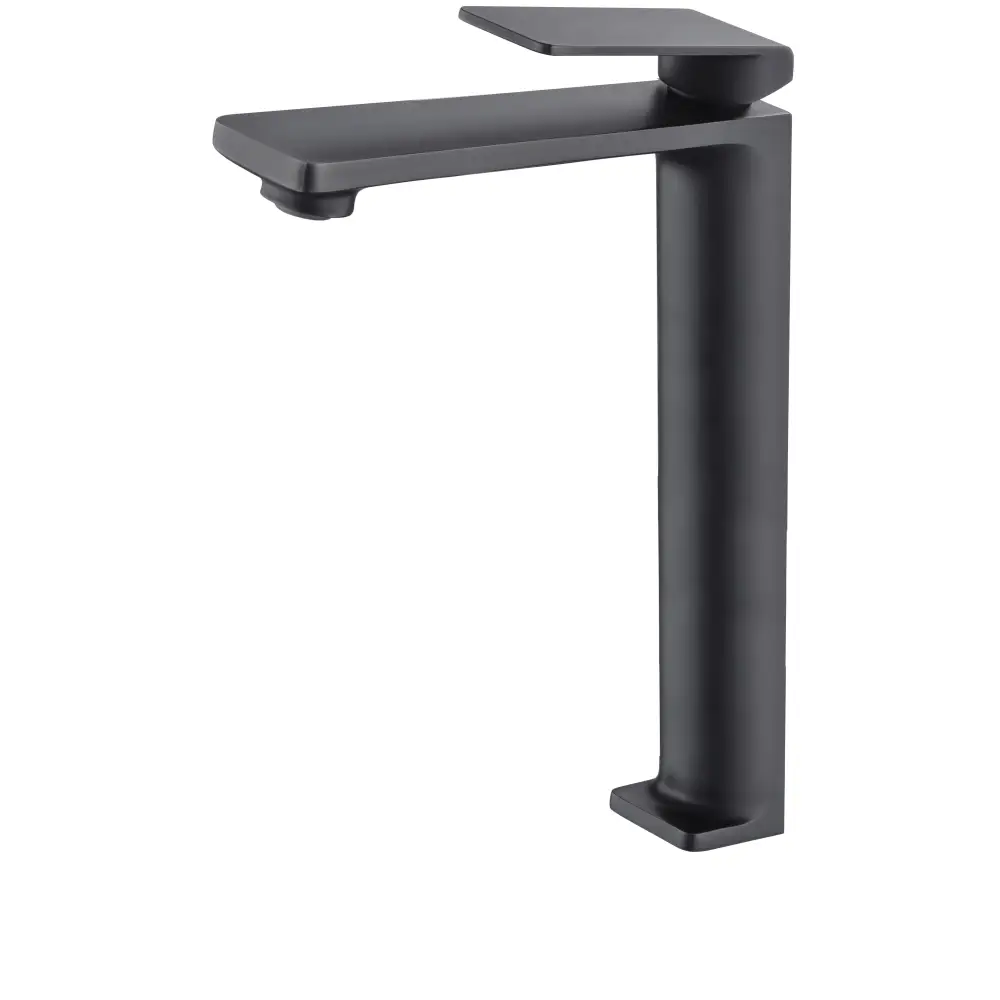 Matte black extra-tall single lever sink faucet on white background