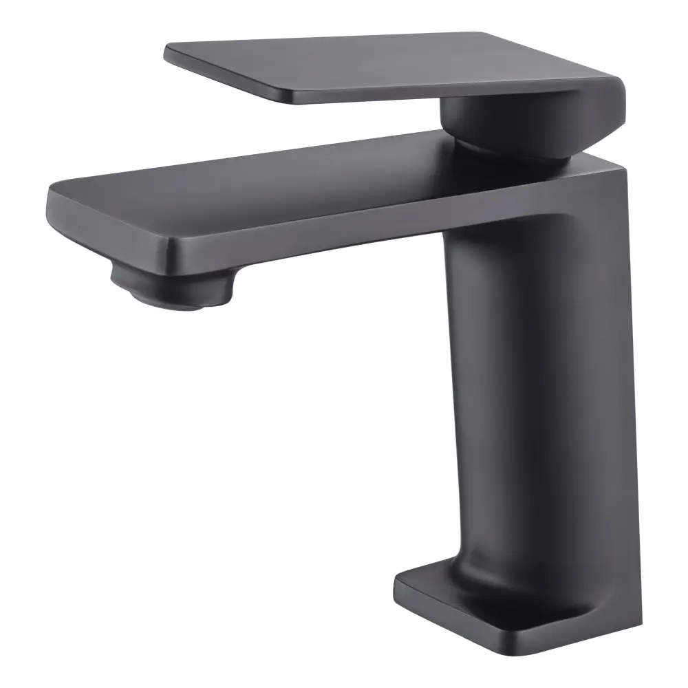 Matte black single handle bathroom faucet modern design on white background