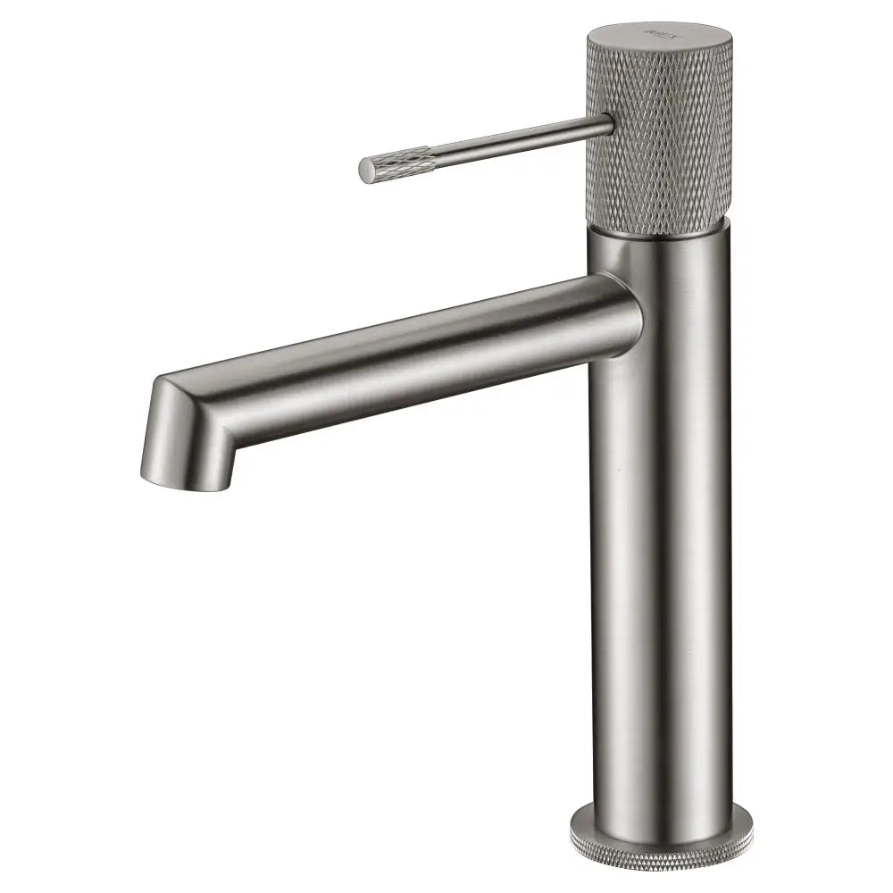 Brushed nickel single lever basin mixer faucet on white background