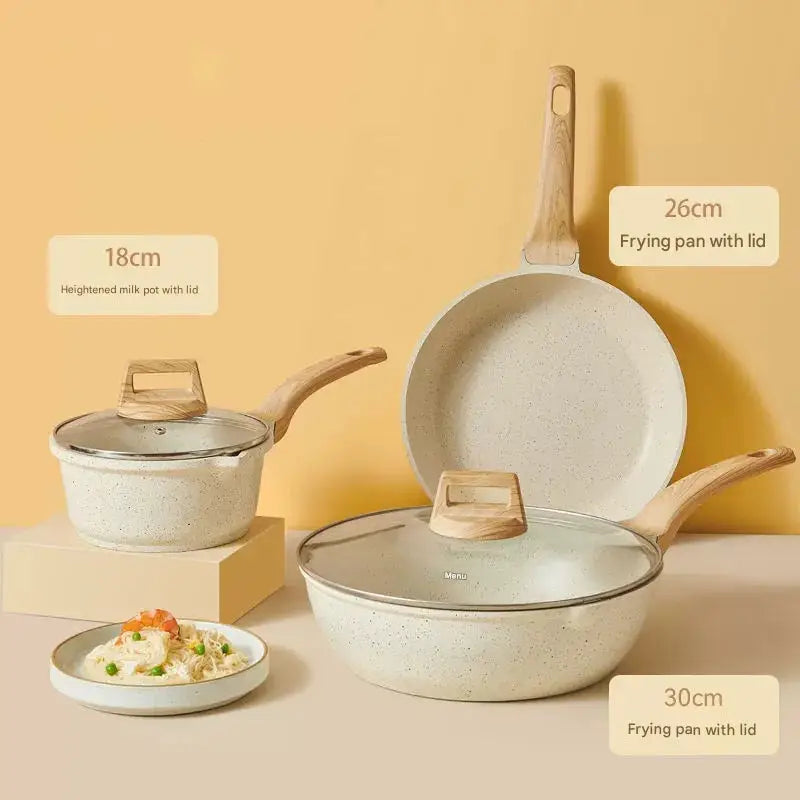 4 Piece Non Stick Cookware Frying Pan Soup Pot Set - Three-piece set frying pan + frying pan + milk pan - Cookware set