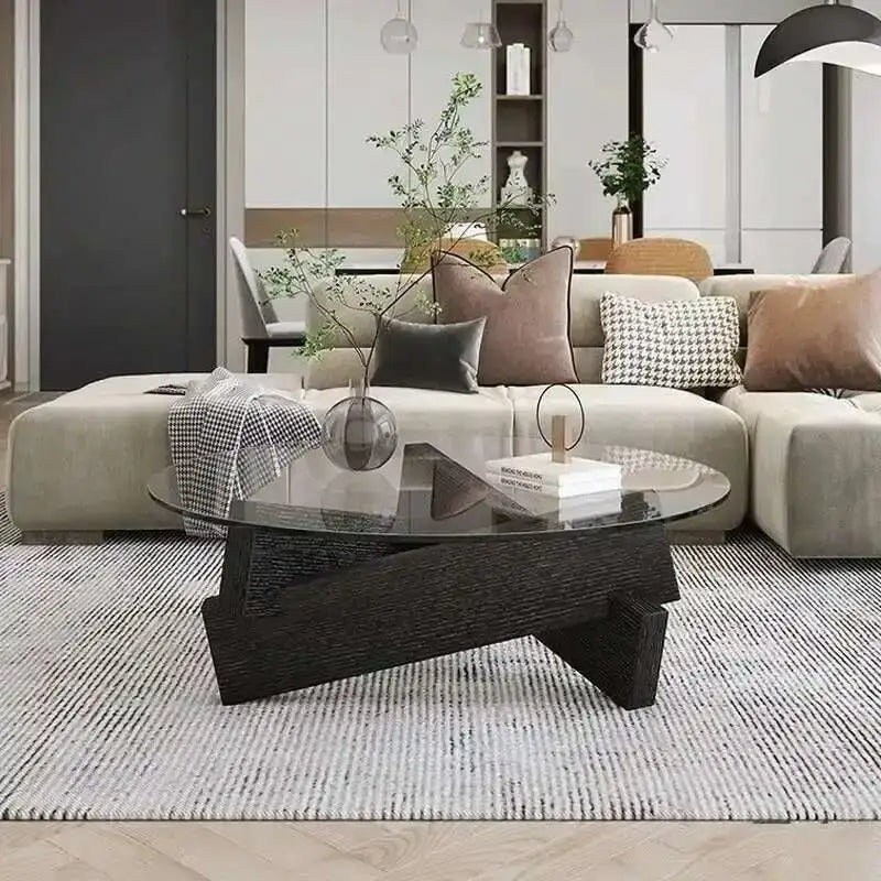 Nordic Minimalist Round Transparent Glass Wood Coffee Table - Black - 60x60x30cm - Multifunctional coffee table