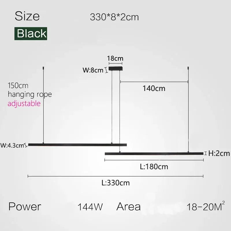 Nordic Modern Minimalist LED Pendant Lamp - Black - L 330cm / Warm White (3000K) - Pendant Lamp