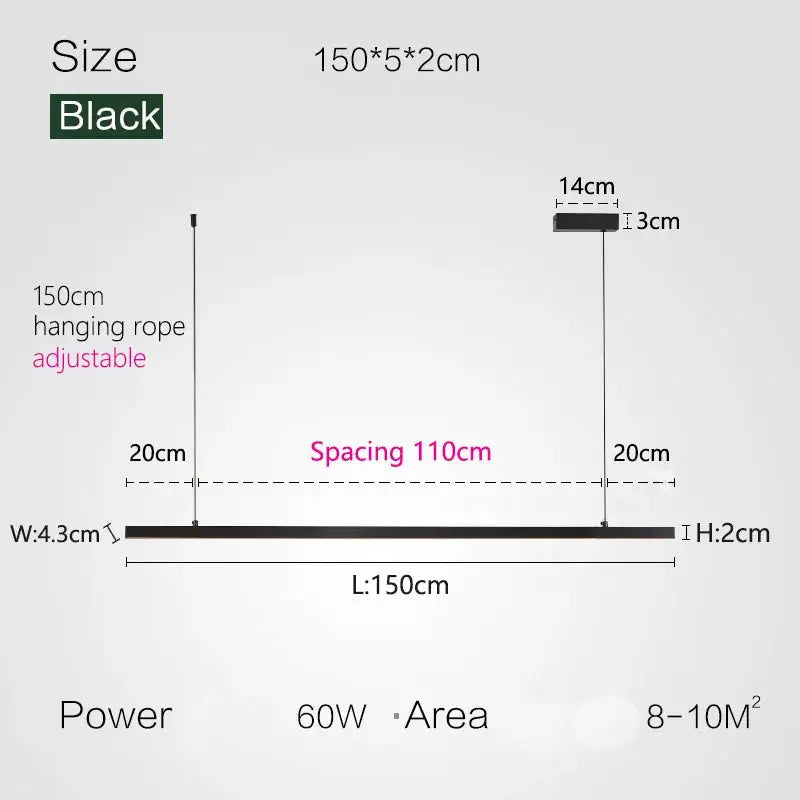 Nordic Modern Minimalist LED Pendant Lamp - Black - L 150cm / Warm White (3000K) - Pendant Lamp