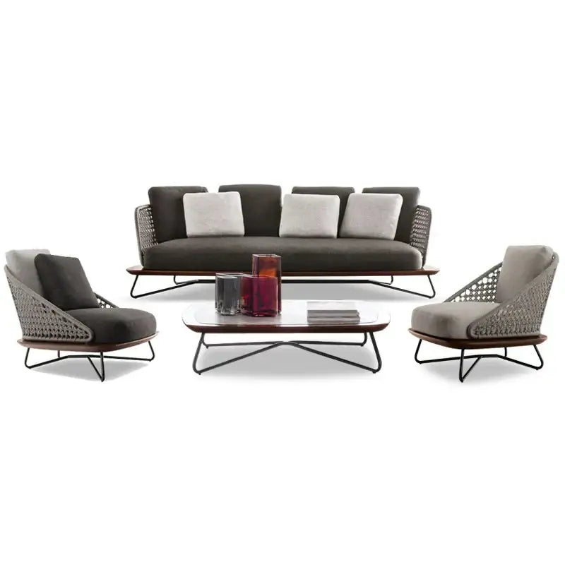 Nordic Outdoor Garden Wooden Rattan Sofa Set - Sofa + 2 Short Chairs + Wood Table Set - Sofa