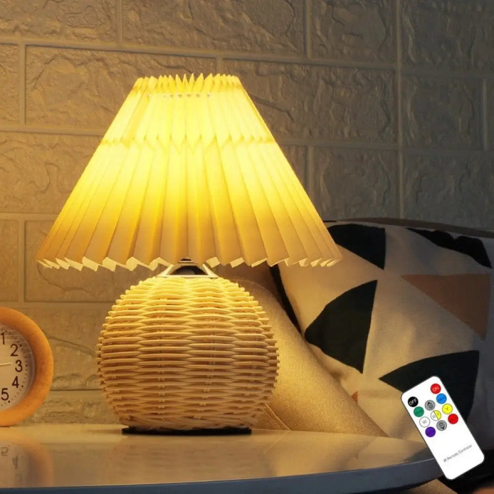 Nordic Pleated Rattan Table Lamp with Dimmable LED