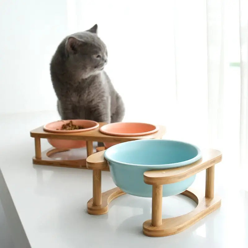Pet Feeding Bowl With Wood Stand - Feeding Bowl