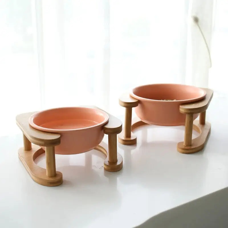 Pet Feeding Bowl With Wood Stand - Feeding Bowl