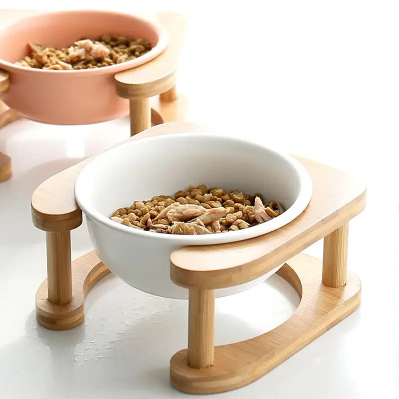Pet Feeding Bowl With Wood Stand - Feeding Bowl
