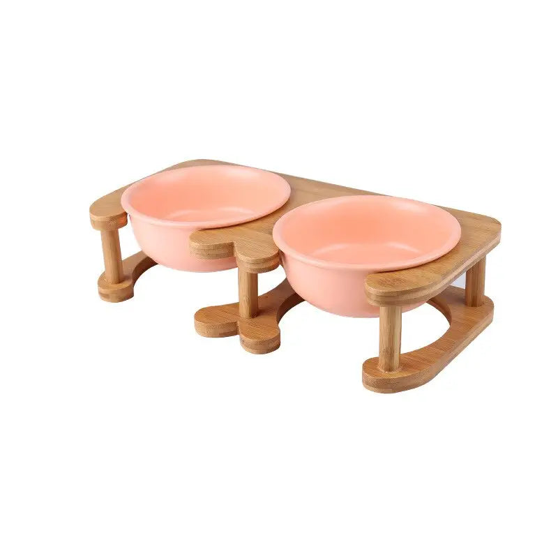 Pet Feeding Bowl With Wood Stand - Orange Double Bowls / 600ml - Feeding Bowl
