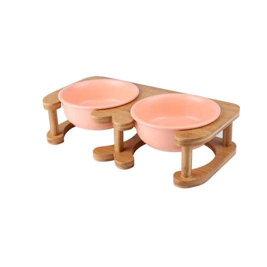 Pet Feeding Bowl With Wood Stand - Orange Double Bowls / 600ml - Feeding Bowl