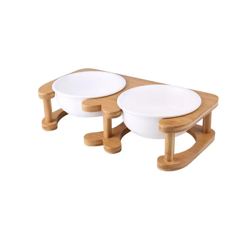 Pet Feeding Bowl With Wood Stand - White Double Bowls / 600ml - Feeding Bowl