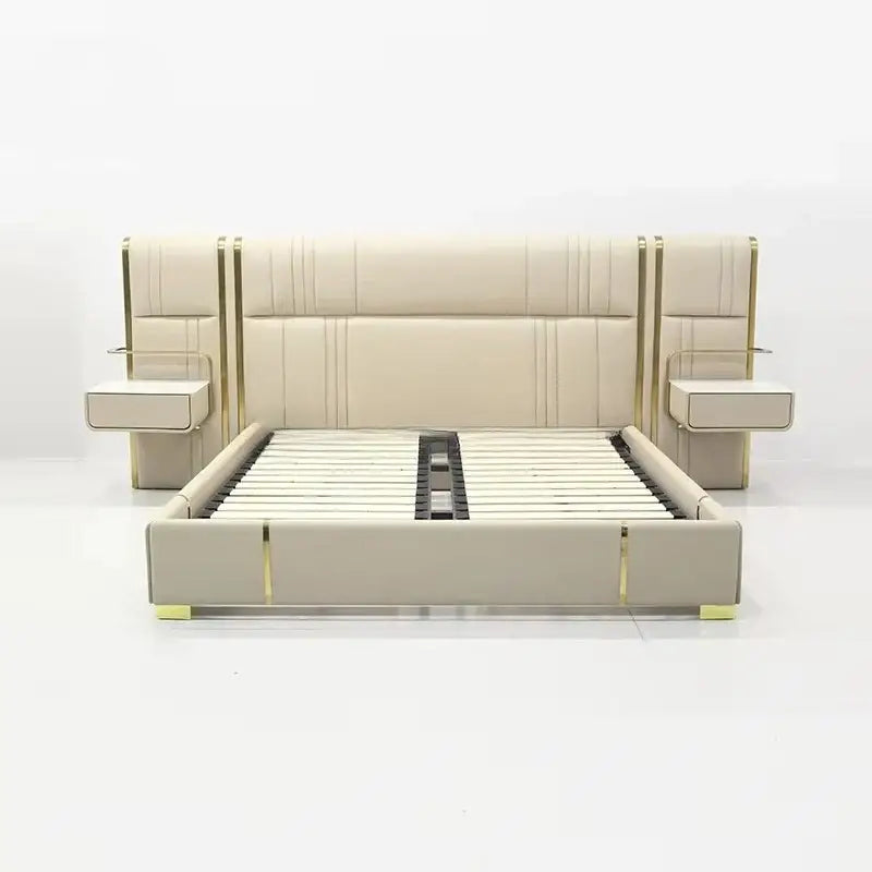 PU Leather King Large Headboard Side Table Bed Frame - Beige - Bedroom