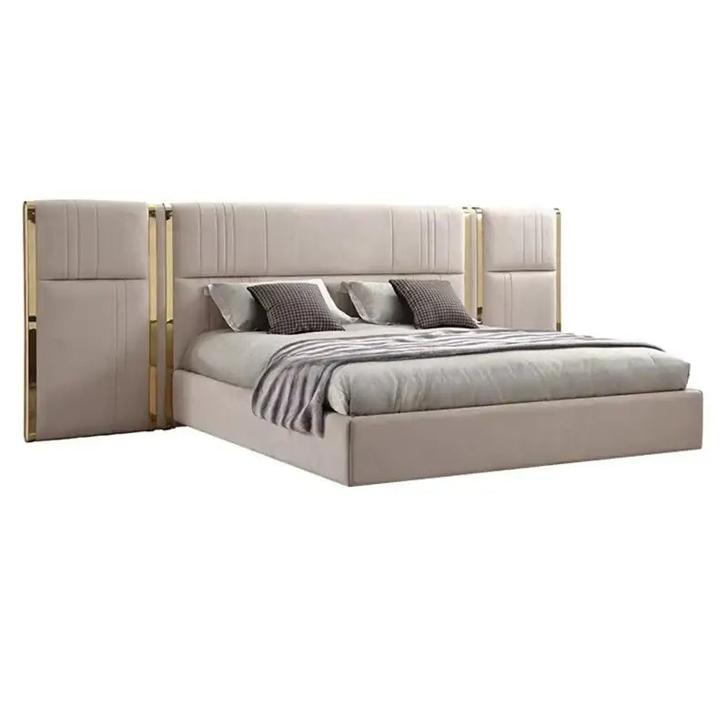 PU Leather King Large Headboard Side Table Bed Frame - Beige - Bedroom