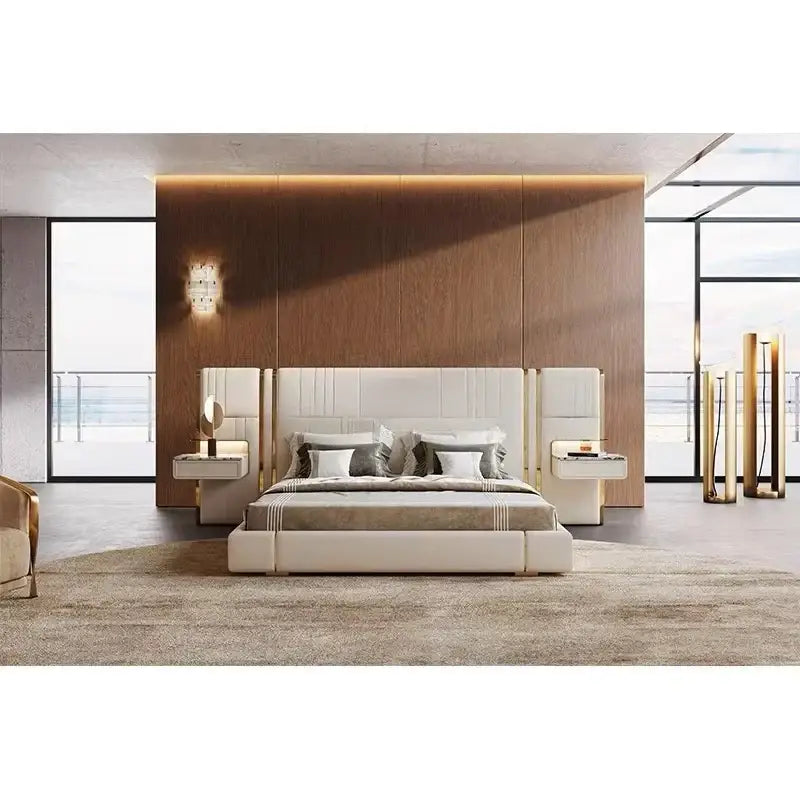 PU Leather King Large Headboard Side Table Bed Frame - Beige - Bedroom