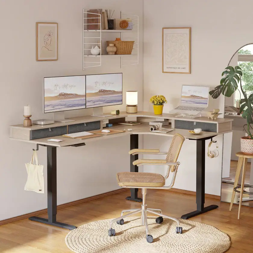 Reversible L-shaped with Upper Drawer - 63’’ x 55’’ / Light Walnut - Desk > Standing Desk > L Shaped Standing Desk