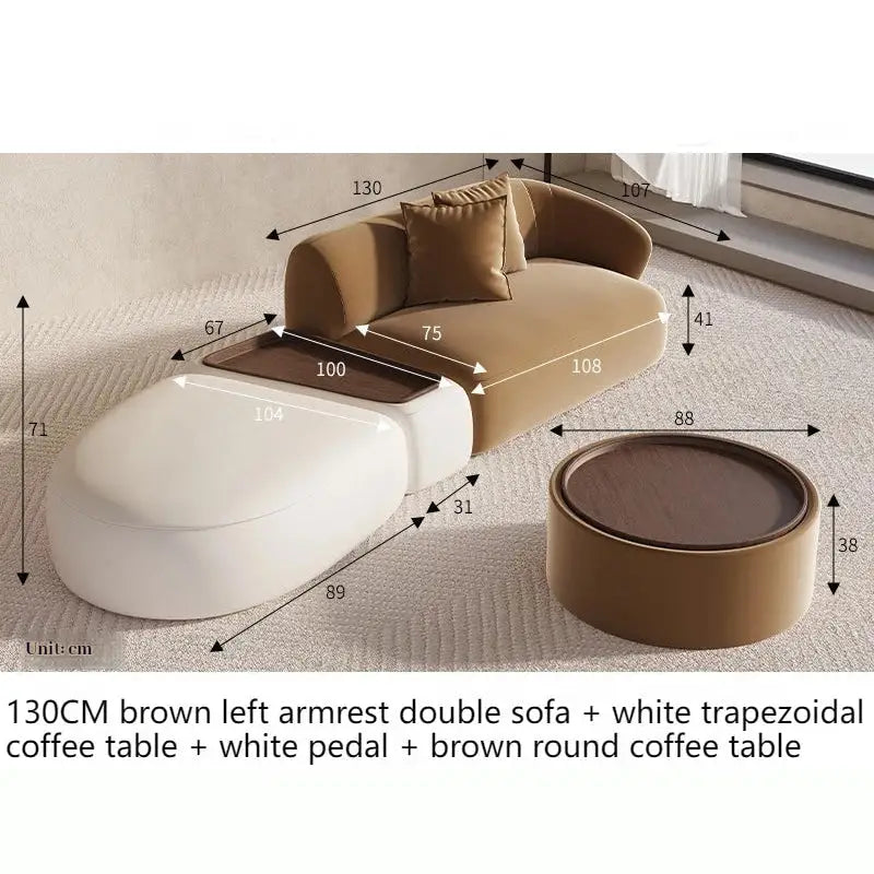 Sectional Minimalist Curved Modular Table Sofa Set - White Brown - 130 cm - Left arm Set - Coffee Table - Compressed