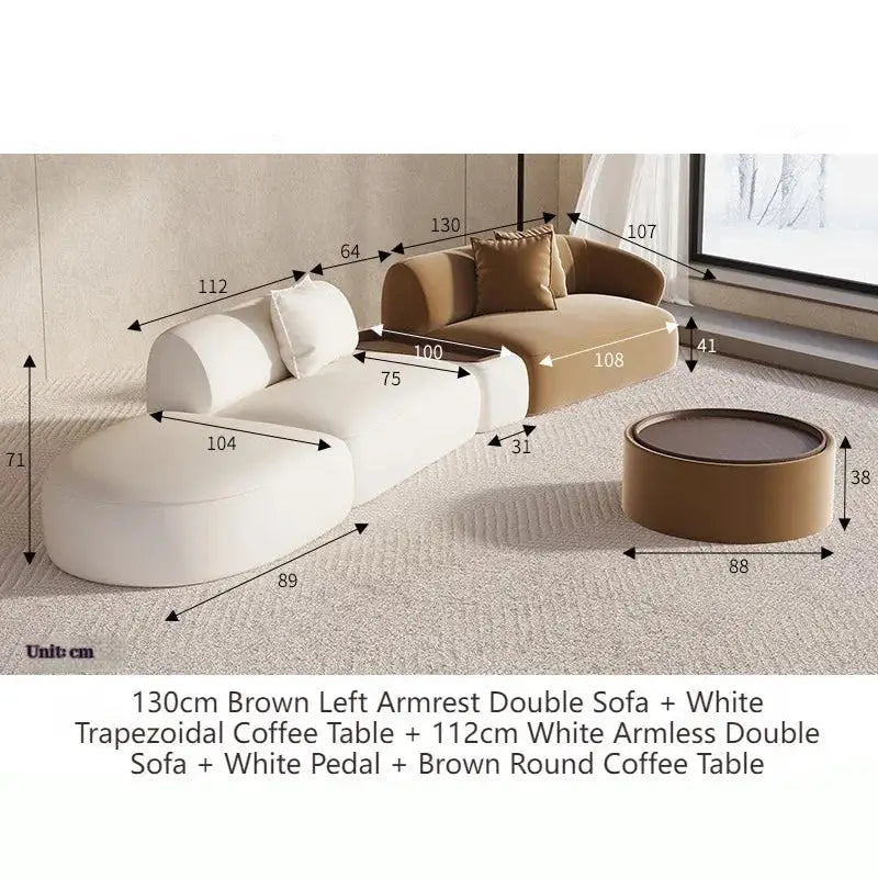 Sectional Minimalist Curved Modular Table Sofa Set - White Brown - 130 cm - Left arm Set - Compressed Sofa