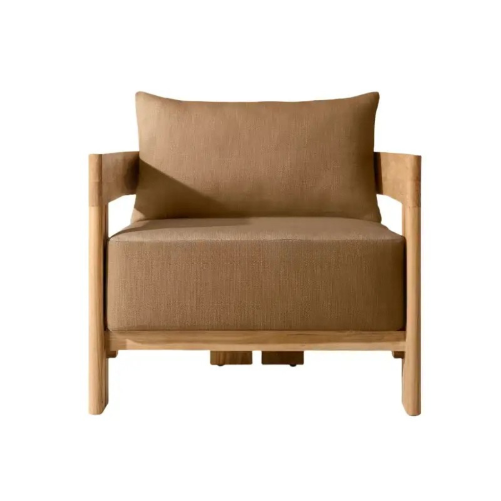 Solid teak deep seating outdoor sofa set showing natural wood grain and weathered finish detail