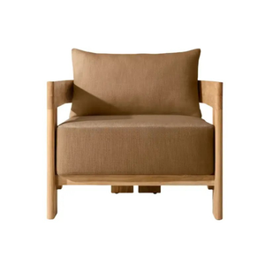 Solid teak deep seating outdoor sofa set showing natural wood grain and weathered finish detail