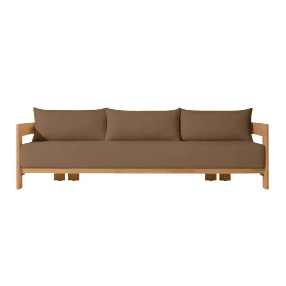 Solid teak deep seating outdoor sofa set with natural wood grain detail and weather resistant finish