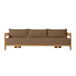 Solid teak deep seating outdoor sofa set with natural wood grain detail and weather resistant finish