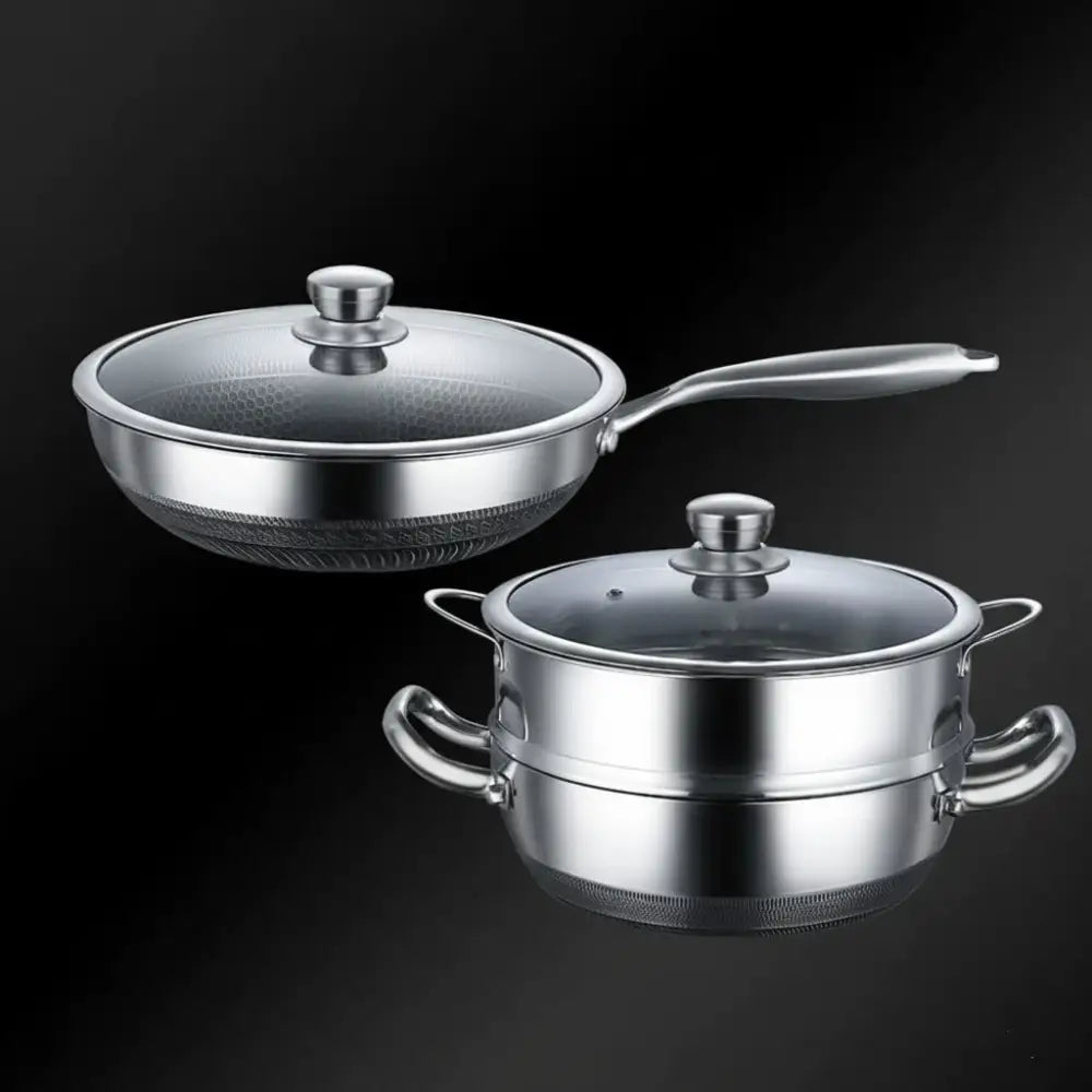 Stainless Steel Non Stick Frying Pan Cookware Pot Set - Wok + soup steamer two-piece set - Cookware set
