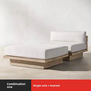 Teak outdoor sofa set showcasing waterproof cushion details and natural wood grain finish