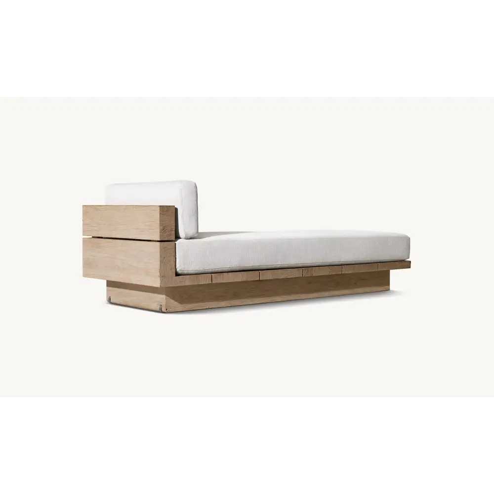 Teak outdoor sofa set showing natural wood grain and waterproof cushion details from angle