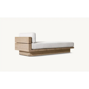 Teak outdoor sofa set showing natural wood grain and waterproof cushion details from angle