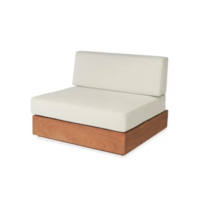Teak outdoor sofa set showing natural wood grain texture and weather resistant material detail