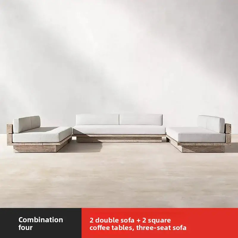 Teak outdoor sofa set showing waterproof cushion fabric and natural wood grain detail close-up