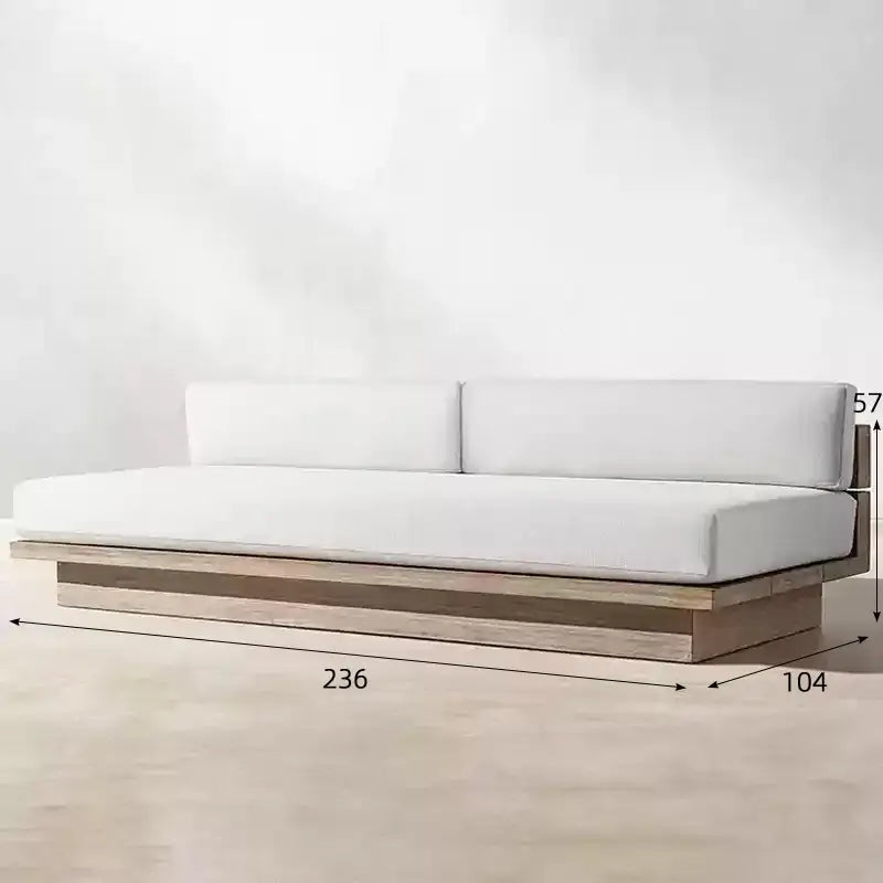 Teak outdoor sofa set showing waterproof cushion material and natural wood grain details
