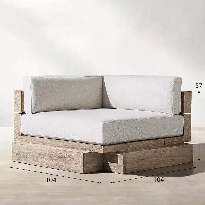 Teak outdoor sofa set showing waterproof cushion material and weather resistant construction detail