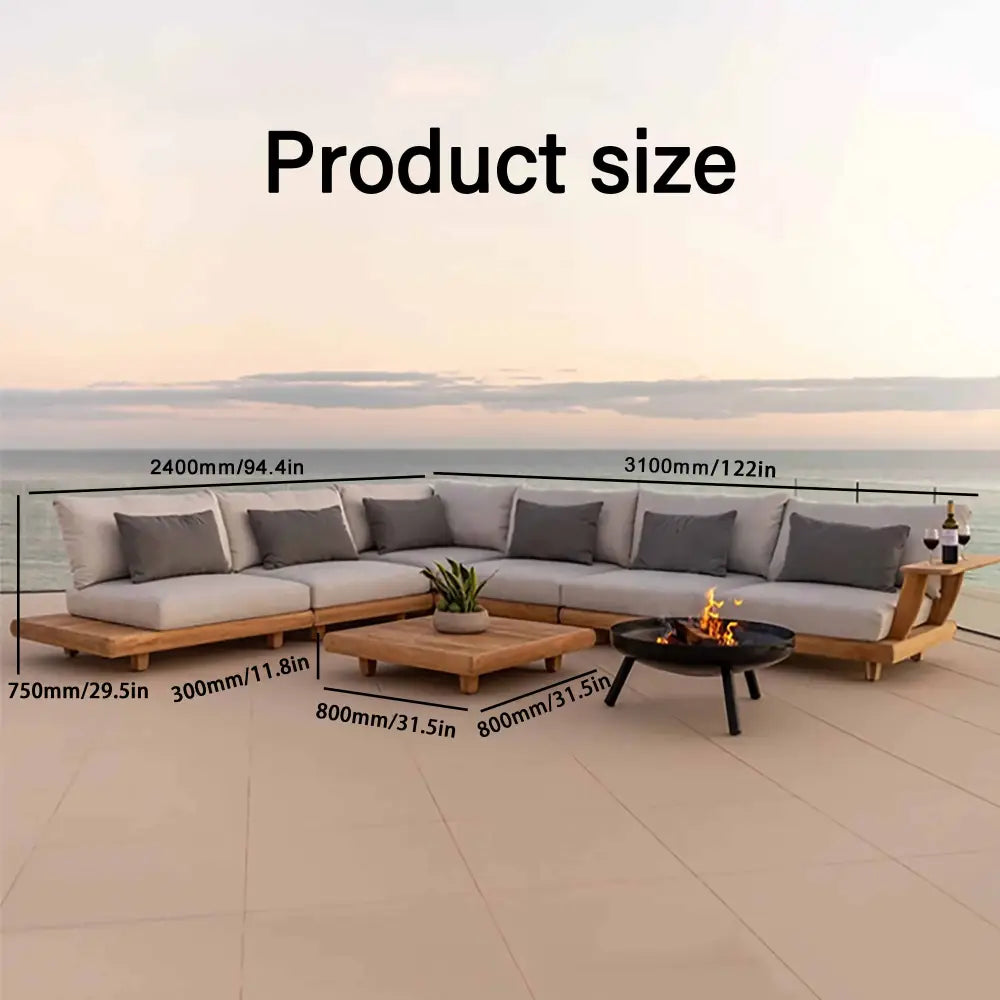 Teak wood grain detail and weathered finish on outdoor sofa set cushioning material
