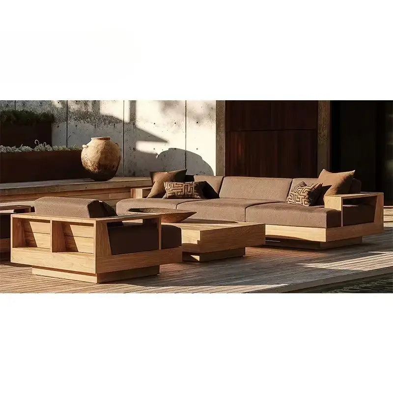 Teak wood outdoor sectional sofa showcasing modular design with dark gray cushioning and contemporary styling detail.