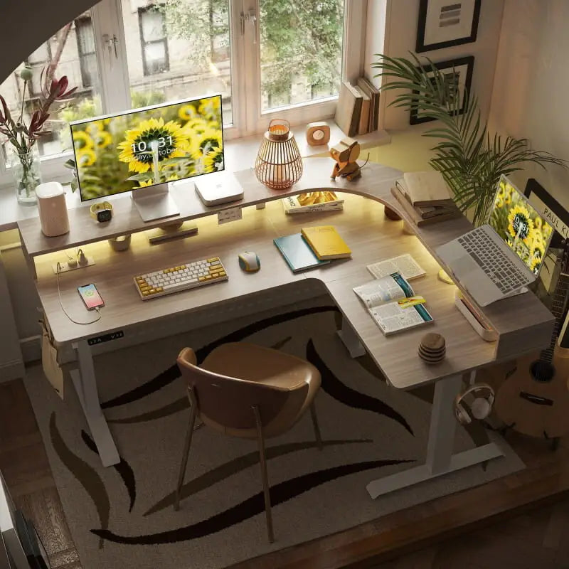 Triple Motor L-Shaped Standing Desk with Ambient Light & - Desk