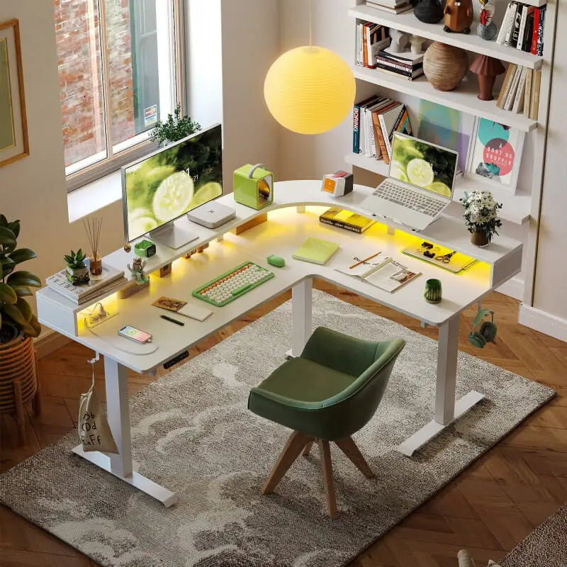 Triple Motor L-Shaped Standing Desk with Ambient Light & - Desk