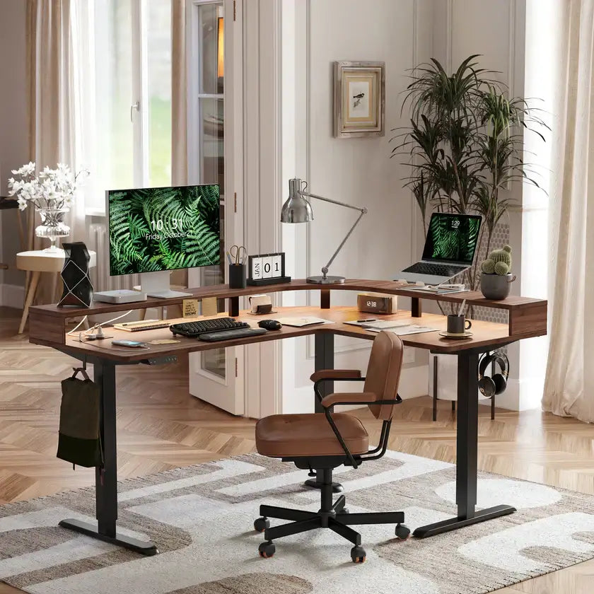 Triple Motor L-Shaped Standing Desk with Ambient Light & - Black Walnut / 63’’ x 49’’ - Desk