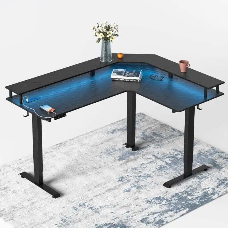 Triple Motor L-Shaped Standing Desk with Ambient Light & - Desk > Gaming Desk
