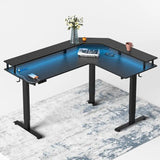 Triple Motor L-Shaped Standing Desk with Ambient Light & - Desk > Gaming Desk