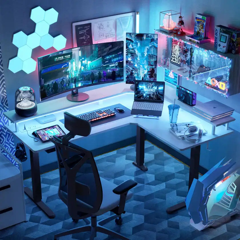 Triple Motor L-Shaped Standing Desk with Ambient Light & - Desk > Gaming Desk
