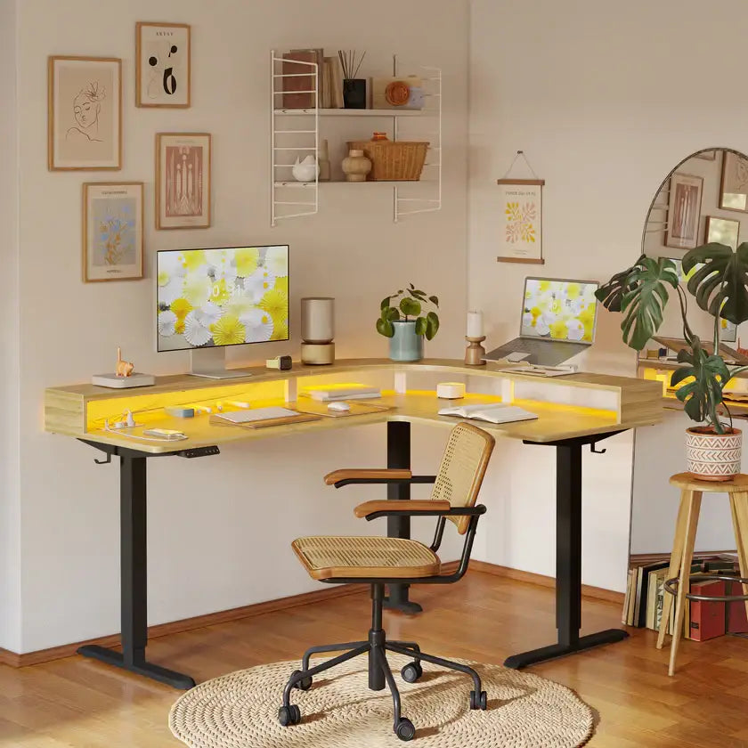 Triple Motor L-Shaped Standing Desk with Ambient Light & - Oak / 63’’ x 49’’ - Desk