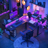 Triple Motor L-Shaped Standing Desk with Ambient Light & Outlets