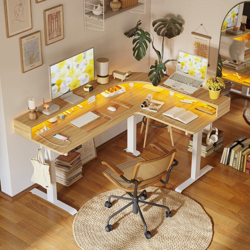 Triple Motor L-Shaped Standing Desk with Ambient Light & Outlets