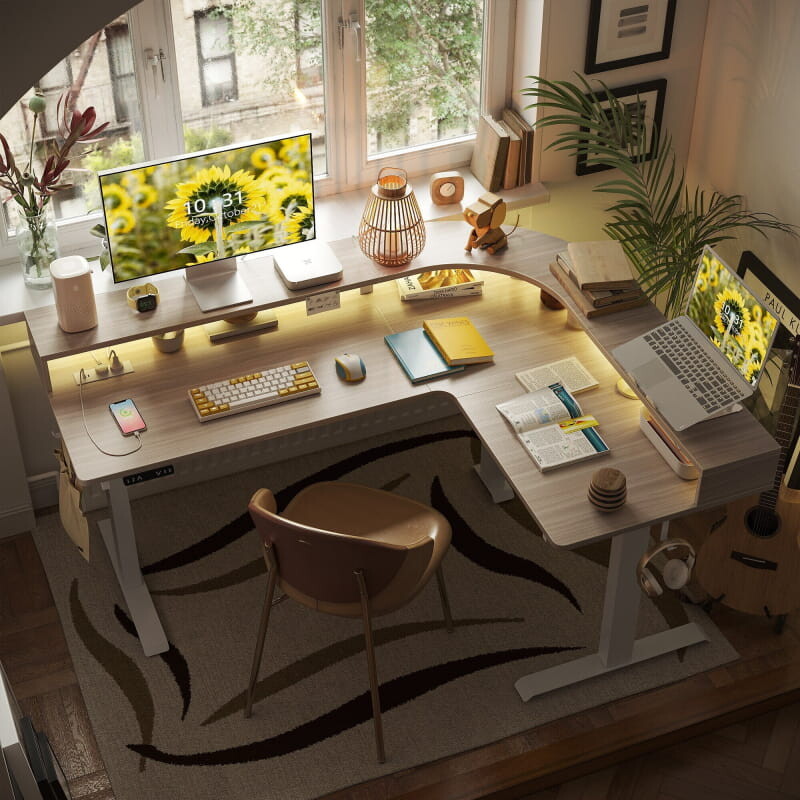 Triple Motor L-Shaped Standing Desk with Ambient Light & Outlets