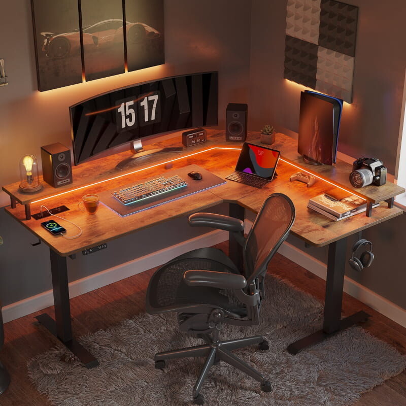Triple Motor L-Shaped Standing Desk with Ambient Light & Outlets