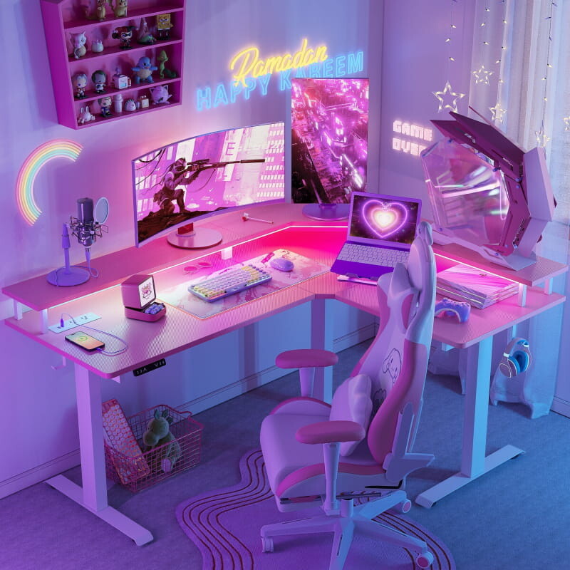 Triple Motor L-Shaped Standing Desk with Ambient Light & Outlets