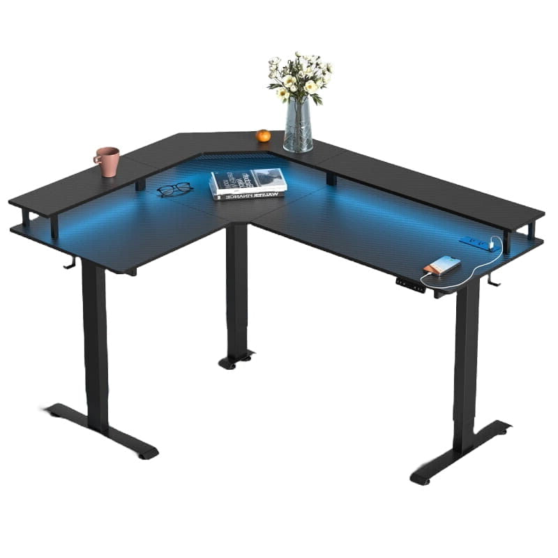 Triple Motor L-Shaped Standing Desk with Ambient Light & Outlets