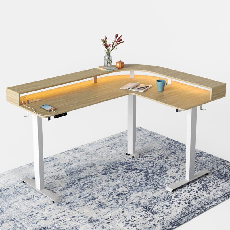 Triple Motor L-Shaped Standing Desk with Ambient Light & Outlets