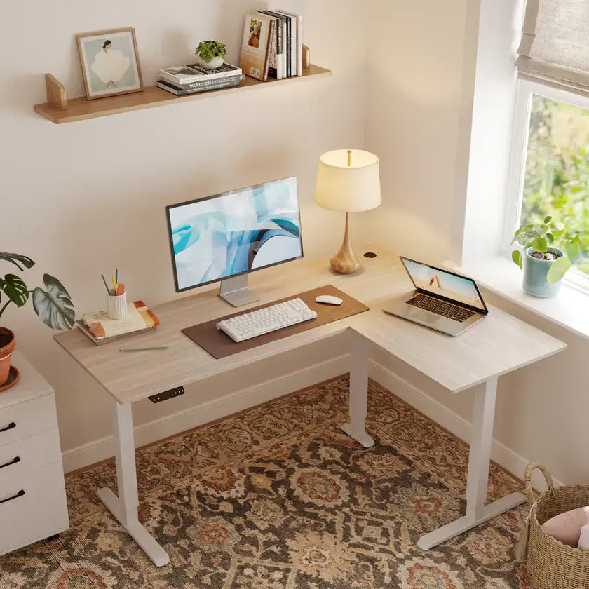 Triple Motor L-shaped Standing Desk - Light Walnut / 63’’ x 48’’ - Desk > Standing Desk > L Shaped Standing Desk